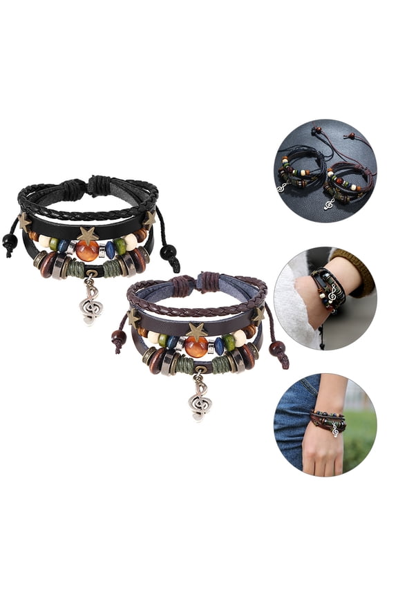 2 Sets Punk Bracelets for Men, Layered Vintage Multi-Color Goth Style Wrist Accessories