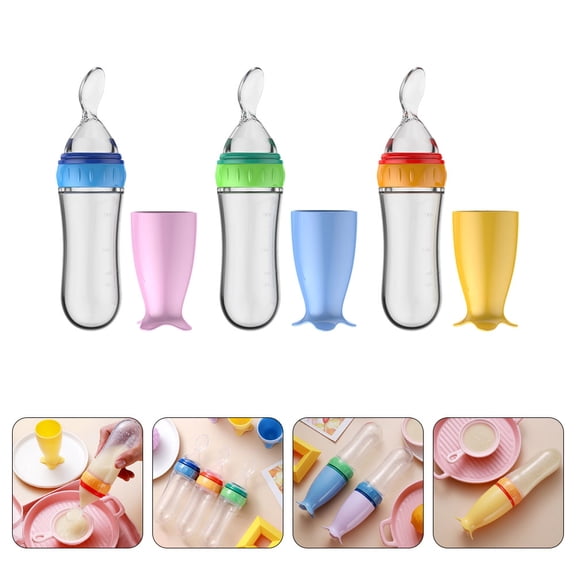 MEIBUTYUP 3-Pack Silicone Rice Cereal Spoons and Food Feeder Bottles for Feeding, Assorted Colors