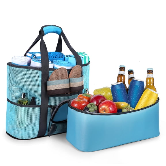 MEIBUTYUP Foldable Beach Bag 1 Set Picnic Mesh Bag Light Blue Quick Drying Oxford Cloth for Outdoor Adventures