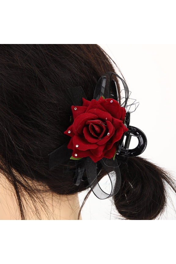 Rose Flower Hair Clip Dark Red Lace Bow Style for Back Hair Holding Use