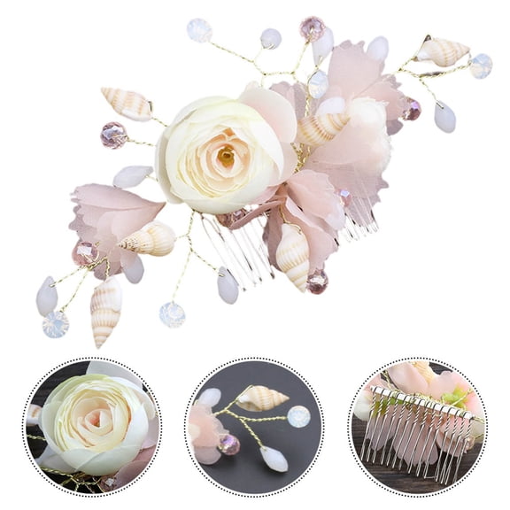 MEIBUTYUP Flower Bridal Comb Rhinestone Wedding Hair Piece Pink 1Set
