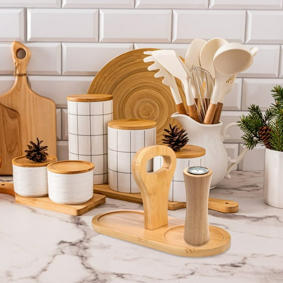 MEIBUTYUP Wooden Salt and Pepper Tray Organizer Set with Brown Finish for Kitchen Countertop Serving and Storage