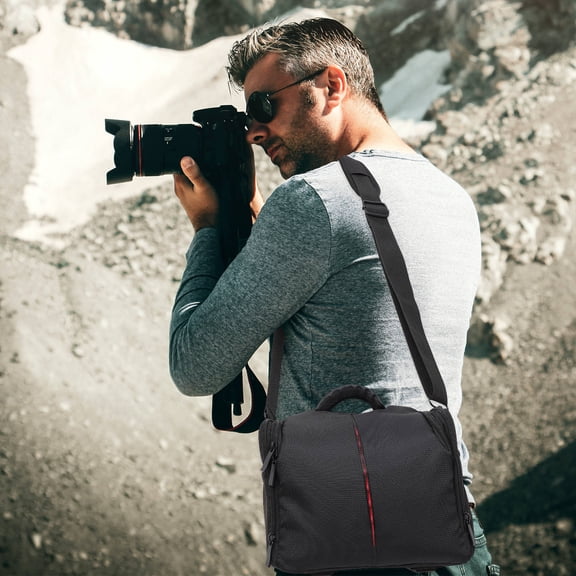 MEIBUTYUP Premium Polyester Black Camera Pouch with Shockproof Padding and Crossbody Strap