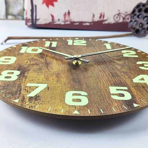 MEIBUTYUP Retro Wooden Coffee Wall Clock with Glow in Dark Mute Hands, Perfect Vintage Home Decor