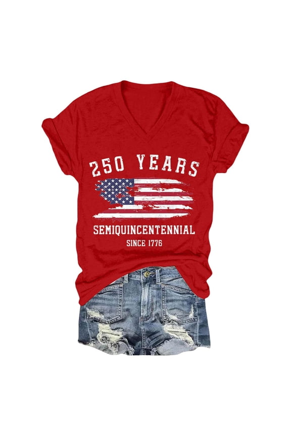 250th Anniversary USA Shirt Womens Patriotic V Neck T Shirt American Flag Graphic Tee Casual Top