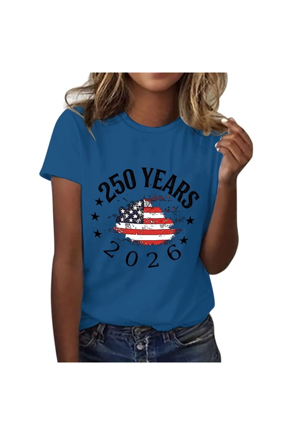 250th Anniversary of The States Women's T Shirt Round Neck T Shirt with American Flag Design Cotton Top for July 4 Summer 4th of July Tops