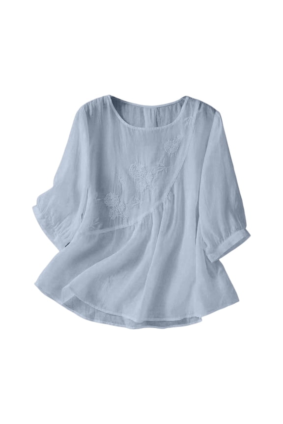 3/4 Sleeve Cotton Linen Shirts for Women Summer Retro Embroidered Tops Casual Trendy Vacation Blouse