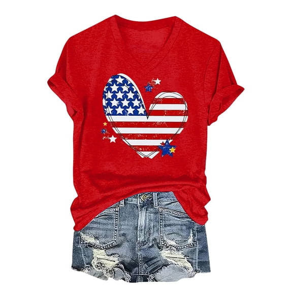 MEICHEN 4th of July USA Flag V Neck Shirt Women Star and Stripes Graphic Tops Short Sleeve Tee Summer Patriotic T Shirt Summer 250th Anniversary Tops