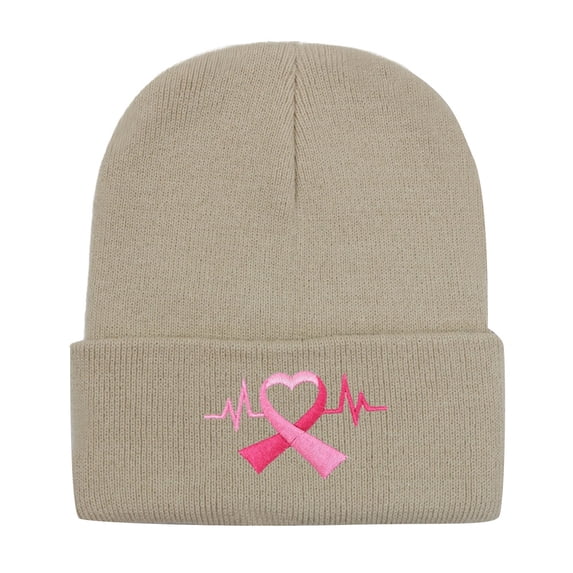 MEICHEN Beanie for Elegant Women Fashion Breast Cancer Awareness Ribbon Embroidered Long Beanie Solid Color Knitted Cold Proof Hat Winter Accessories Beige