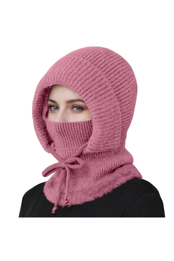 Beanie Hat With Scarf Women Outdoors Windproof Scarf Hat Coldproof Knit Warm Plush Lined Hood Hats