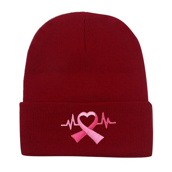 MEICHEN Beanie for Pretty Women Fashion Breast Cancer Awareness Ribbon Embroidered Long Beanie Solid Color Knitted Cold Proof Hat Winter Accessories Red