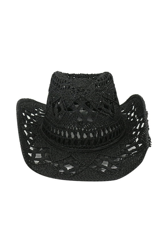 Black Women's Cowgirl Hats,Women and Men Summer Western Hat Shapeable Straw Hat Hollowed Out Sun Hat,Women's Accessories Cowboy Hat