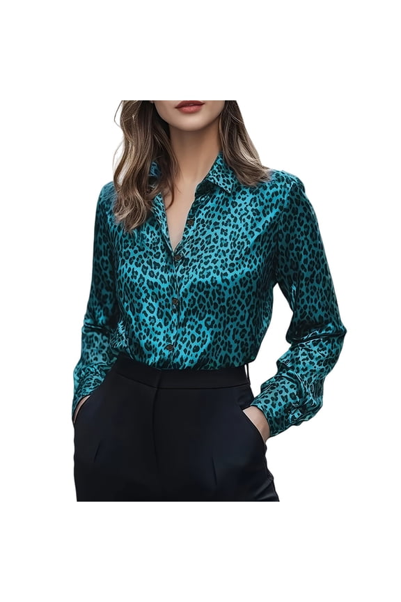 Button Down Shirts Women Fashion Elegant Leopard Print Button Down Shirts Collared Long Sleeve Blouses Tops Womens Blouses