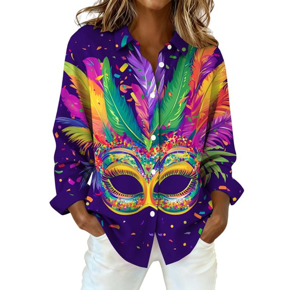 MEICHEN Mardi Gras Button Down Shirts Women Fashion Leisure Masquerade Feather Mask Printed Long Sleeve Blouse Blouses for Women