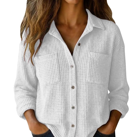 MEICHEN Button Down Shirts Women Fashion Solid Color Long Sleeved Pocket Button Up Shirt Soft Breathable Casual Blouse Womens Blouses