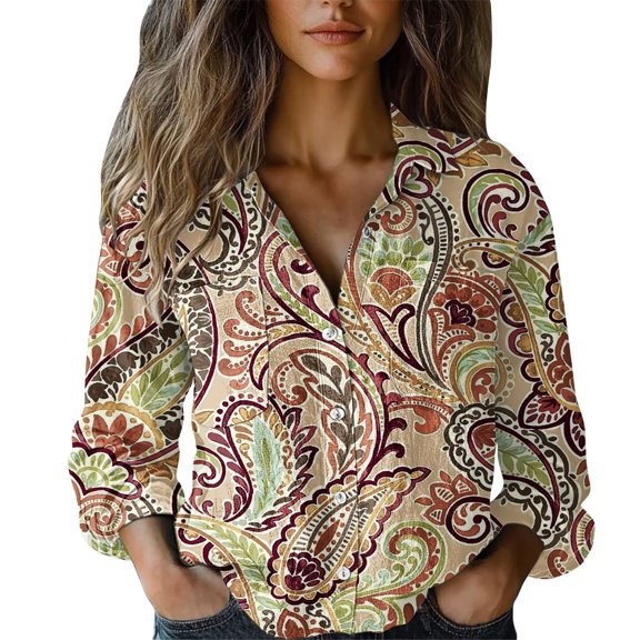 MEICHEN Button Down Shirts Women Fashion Women's Long Sleeve Shirt Peacock Flower Turn Down Collar Blouse Loose Fit Casual Top Blouses for Women