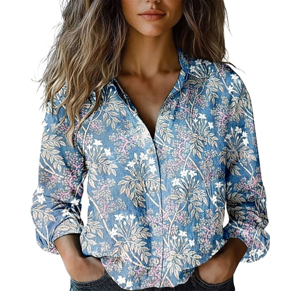 MEICHEN Button Down Shirts Women Retro Style Floral Waffle Long Sleeve Shirt Fresh Daisy Print Turn Down Collar Blouse Blouses for Women