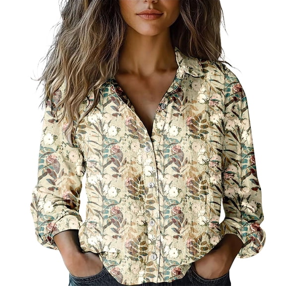 MEICHEN Button Down Shirts Women Retro Style Floral Waffle Long Sleeve Shirt Fresh Daisy Print Turn Down Collar Blouse Blouses for Women