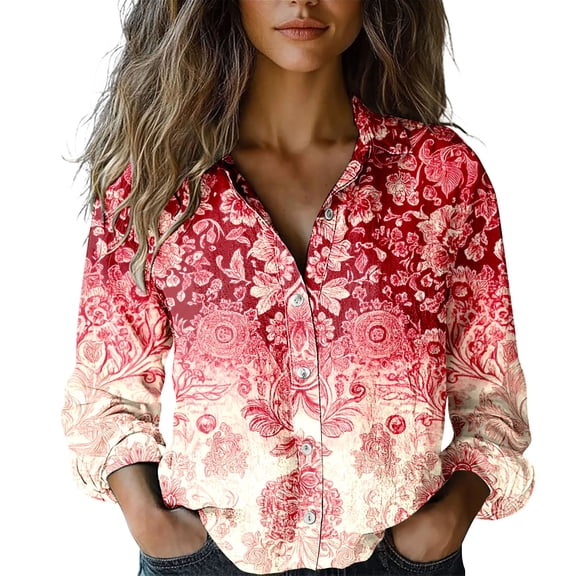 MEICHEN Button Down Shirts Women Retro Style Floral Waffle Long Sleeve Shirt Fresh Daisy Print Turn Down Collar Blouse Blouses for Women