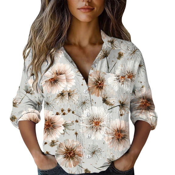 MEICHEN Button Down Shirts Women Solid Color Dandelion Print 3/4 Sleeve Shirt V Neck Button Up Pocket Top Casual Loose Ethnic Blouse Womens Blouses