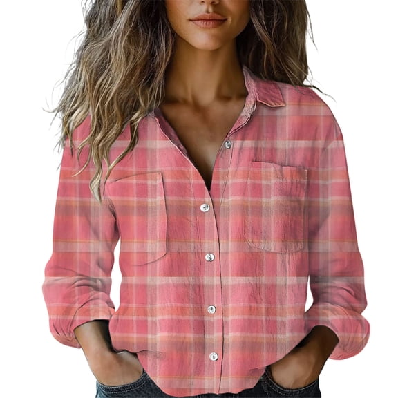 MEICHEN Button Down Shirts Women Trendy Plaid Patchwork Cotton Casual Long Sleeve Shirt Vintage Turn Down Collar Blouse Womens Blouses
