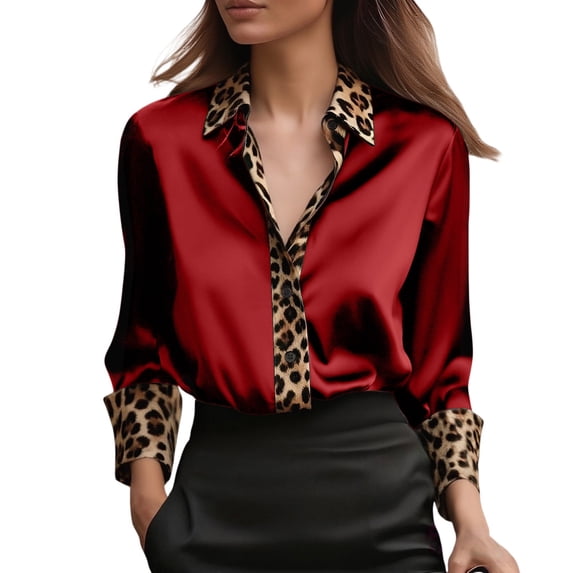 MEICHEN Button Down Shirts for Women Classic Leopard Print Satin Blouses Women Button Up Shirts Long Sleeve Work Tops Womens Tops