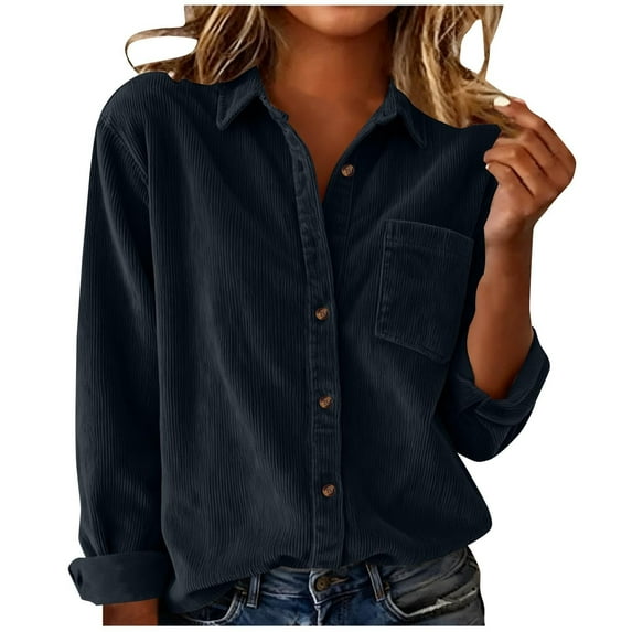 MEICHEN Button Down Shirts for Women Corduroy Long Sleeve Collared Button Down Shirts Vintage Distressed Pocket Blouse Tops Womens Tops