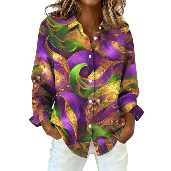MEICHEN Mardi Gras Button Down Shirts for Women Fashion Masquerade Colorful Animal Feather Printed Long Sleeve Shirt Leisure Blouse Womens Tops