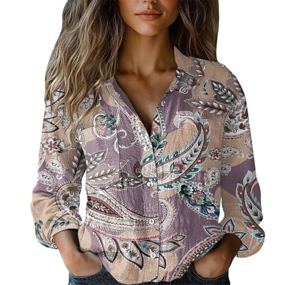 MEICHEN Button Down Shirts for Women Fashion Women's Long Sleeve Shirt Peacock Flower Turn Down Collar Blouse Loose Fit Casual Top Womens Tops