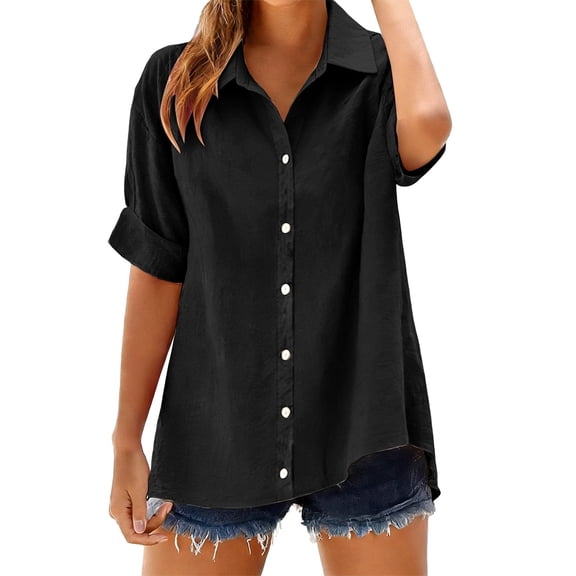 MEICHEN Button Down Shirts for Women Solid Color Oversized Cotton and Linen Shirt Turn Down Collar Loose Fit Casual Blouse Womens Blouses