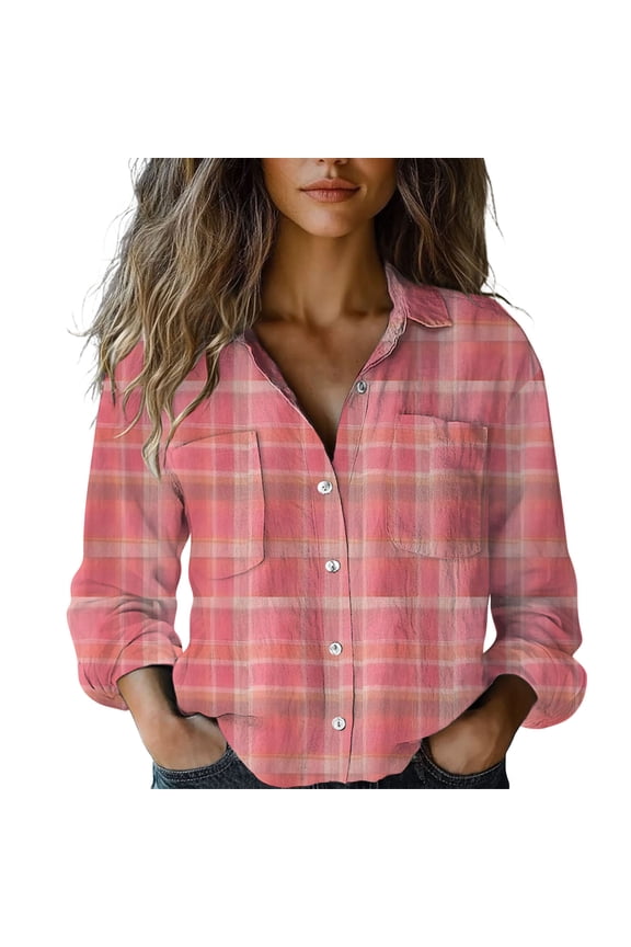 Button Down Shirts for Women Trendy Plaid Patchwork Cotton Casual Long Sleeve Shirt Vintage Turn Down Collar Blouse Tops for Women Trendy