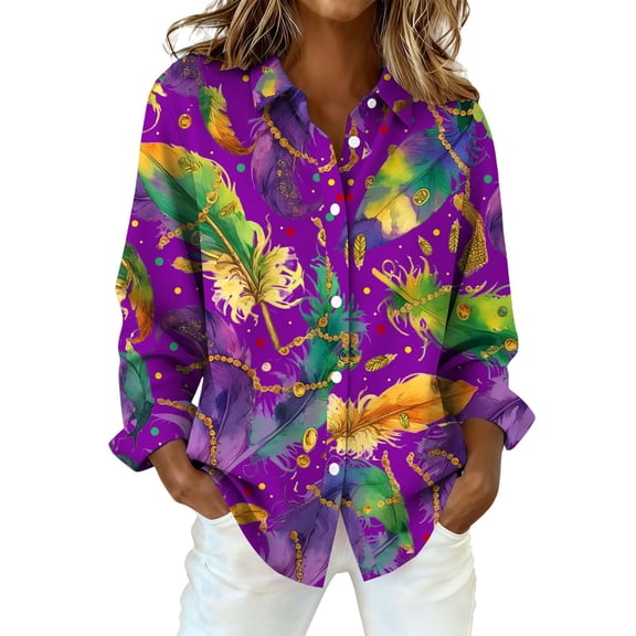 MEICHEN Mardi Gras Button Up Shirts Women Fashion Masquerade Colorful Animal Feather Printed Long Sleeve Shirt Leisure Blouse Tops for Women Trendy