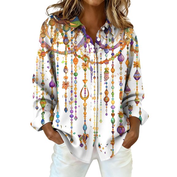 MEICHEN Mardi Gras Button Up Shirts Women Fashion Masquerade Flash Chain Printed Long Sleeve Shirt Casual Rolled Sleeve Blouse Womens Tops