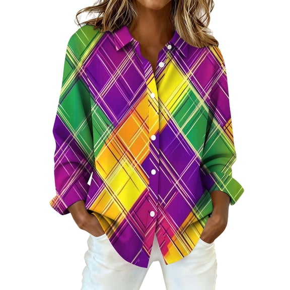 MEICHEN Mardi Gras Button Up Shirts Women Fashion Masquerade Printed Long Sleeve Shirt Leisure Rolled Sleeve Blouse Tops for Women Trendy
