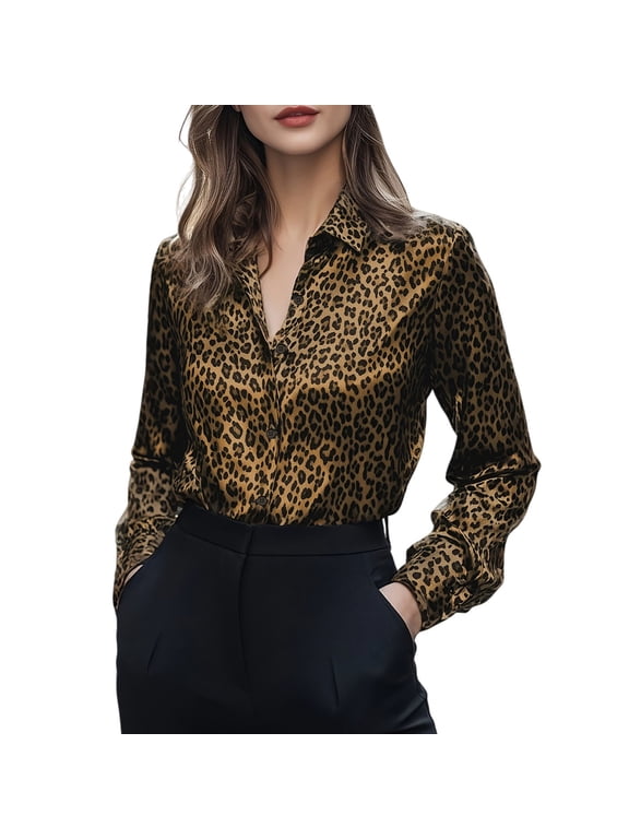 Button Up Shirts Women Fashion Elegant Leopard Print Button Down Shirts Collared Long Sleeve Blouses Tops Womens Tops