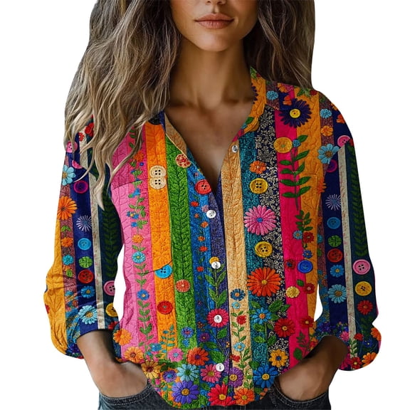 MEICHEN Button Up Shirts Women Fashion Women's Long Sleeve Shirt Peacock Flower Turn Down Collar Blouse Loose Fit Casual Top Womens Tops