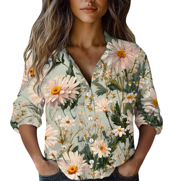 MEICHEN Button Up Shirts Women Solid Color Dandelion Print 3/4 Sleeve Shirt V Neck Button Up Pocket Top Casual Loose Ethnic Blouse Womens Tops