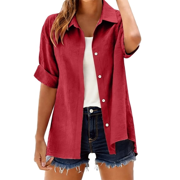 MEICHEN Button Up Shirts Women Solid Color Oversized Cotton and Linen Shirt Turn Down Collar Loose Fit Casual Blouse Blouses for Women