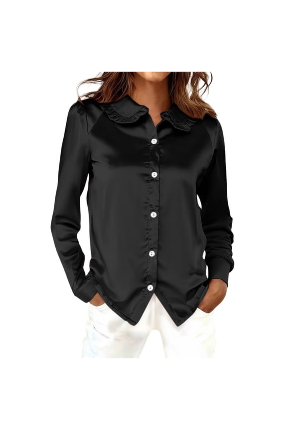 Button Up Shirts Women Solid Color Satin Shirts Preppy Style Ruffle Collar Blouses Casual Business Tops Fall Clothes Womens Tops