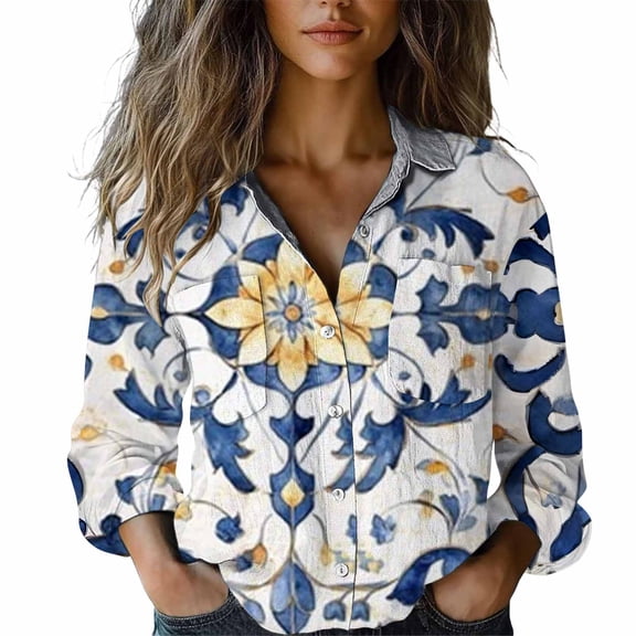 MEICHEN Button Up Shirts Women Trendy Multicolor Floral Printed Casual Long Sleeve Shirt Vintage Turn Down Collar Blouse Tops for Women Trendy