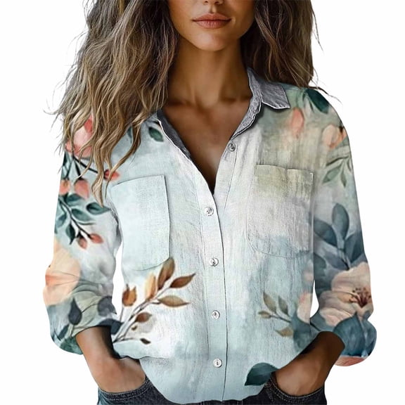 MEICHEN Button Up Shirts Women Trendy Multicolor Floral Printed Casual Long Sleeve Shirt Vintage Turn Down Collar Blouse Womens Tops