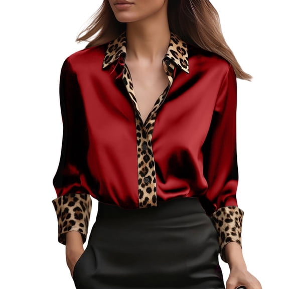 MEICHEN Button Up Shirts for Women Classic Leopard Print Satin Blouses Women Button Up Shirts Long Sleeve Work Tops Womens Blouses
