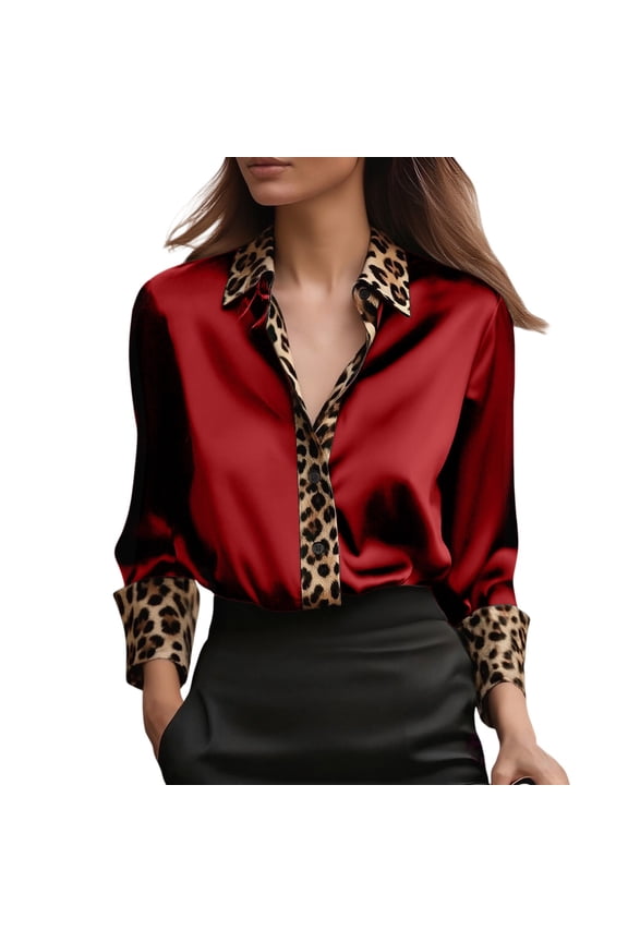 Button Up Shirts for Women Classic Leopard Print Satin Blouses Women Button Up Shirts Long Sleeve Work Tops Womens Blouses