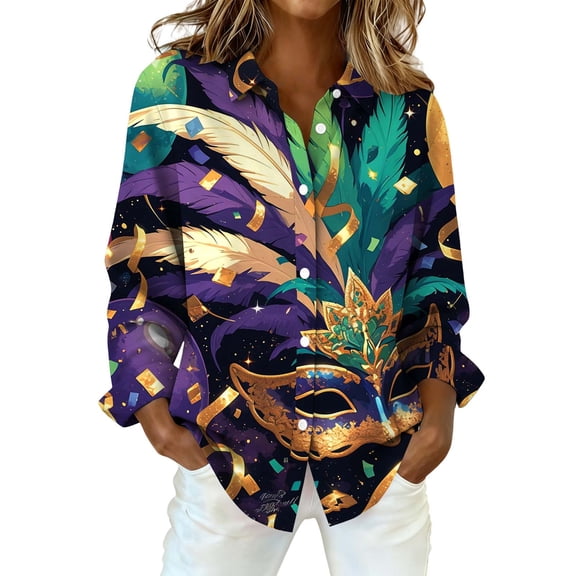 MEICHEN Mardi Gras Button Up Shirts for Women Fashion Masquerade Colorful Animal Feather Printed Long Sleeve Shirt Leisure Blouse Womens Blouses