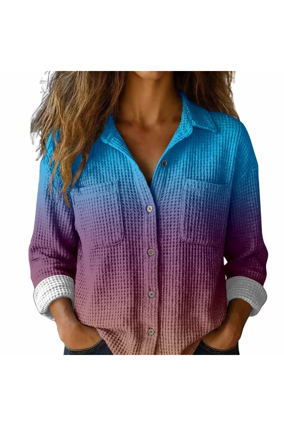 Button Up Shirts for Women Fashion Rolled Sleeve Button Down Shirt Waffle Casual Gradient Pocket Lapel Blouse Womens Blouses