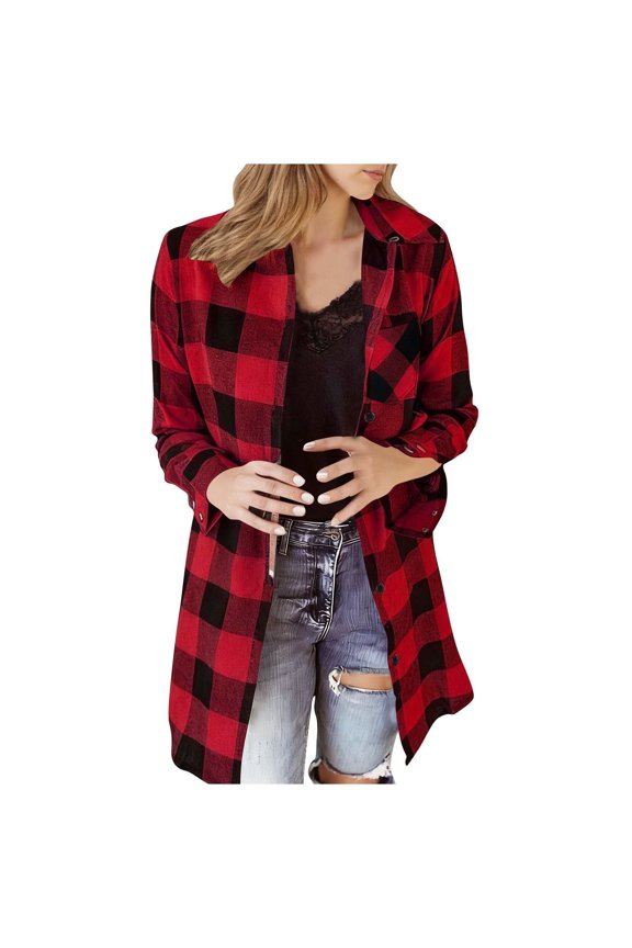 Button Up Shirts for Women Long Plaid Flannel Button Down Shirt Long Sleeve Fashion Shacket Womens Fall Clothes Outfits Womens Blouses