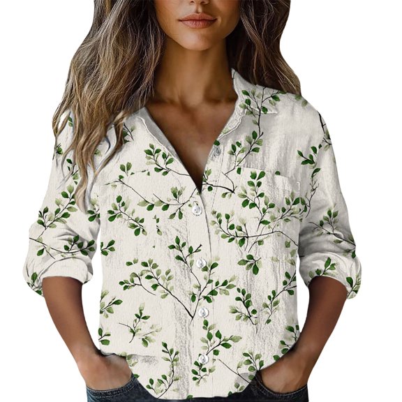 MEICHEN Button Up Shirts for Women Solid Color Floral Print 3/4 Sleeve Shirt V Neck Button Up Pocket Top Casual Loose Ethnic Blouse Womens Blouses