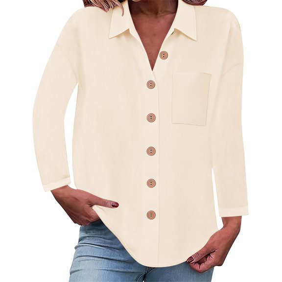 MEICHEN Button Up Shirts for Women Solid Color Loose Long Sleeve Linen Shirt Drop Shoulder Comfortable Business Casual Blouse Top Blouses for Women