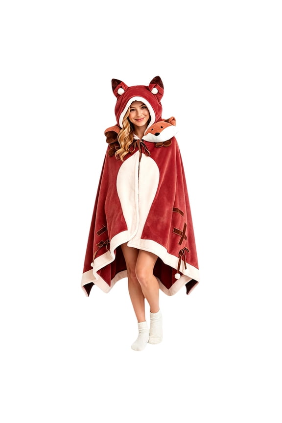 Cute Cartoon Wearable Fox Blanket Hoodie for Women Fall Winter Fashion Plush Robes Halloween Party Essentials Soft Hooded Cape