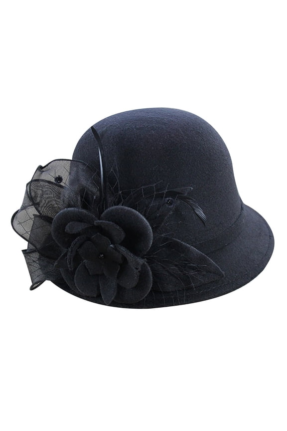 Elegant Flower Decoration Bucket Hat for Pretty Women Fashion Fall Church Cloche Hat Solid Vintage Bowler Hat